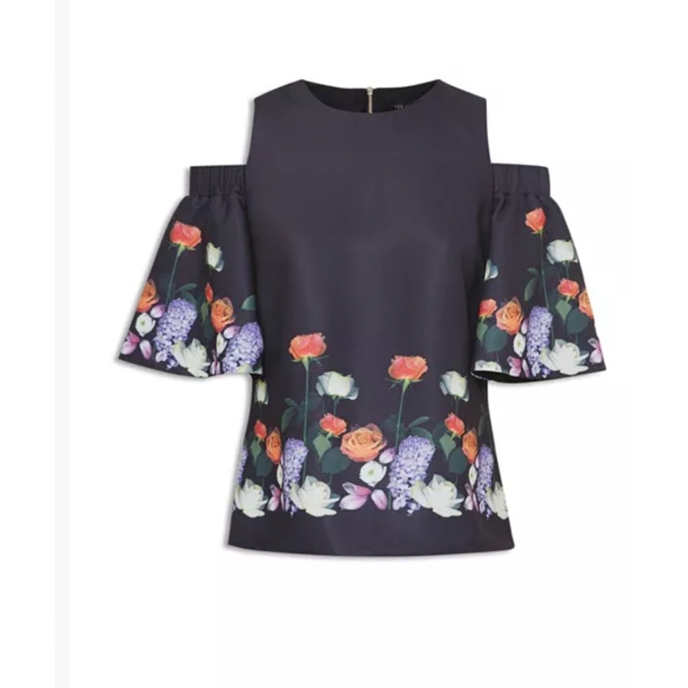 Ted Baker Amarga Floral Print Sleeveless Top Womens Size 2-4 Black Gold Zipper